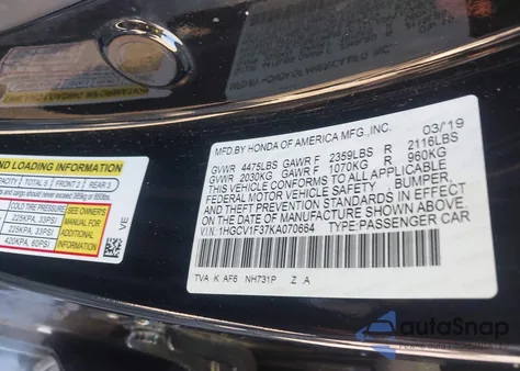 2019 Honda Accord Sport from USA, damaged, VIN 1HGCV1F37KA070664
